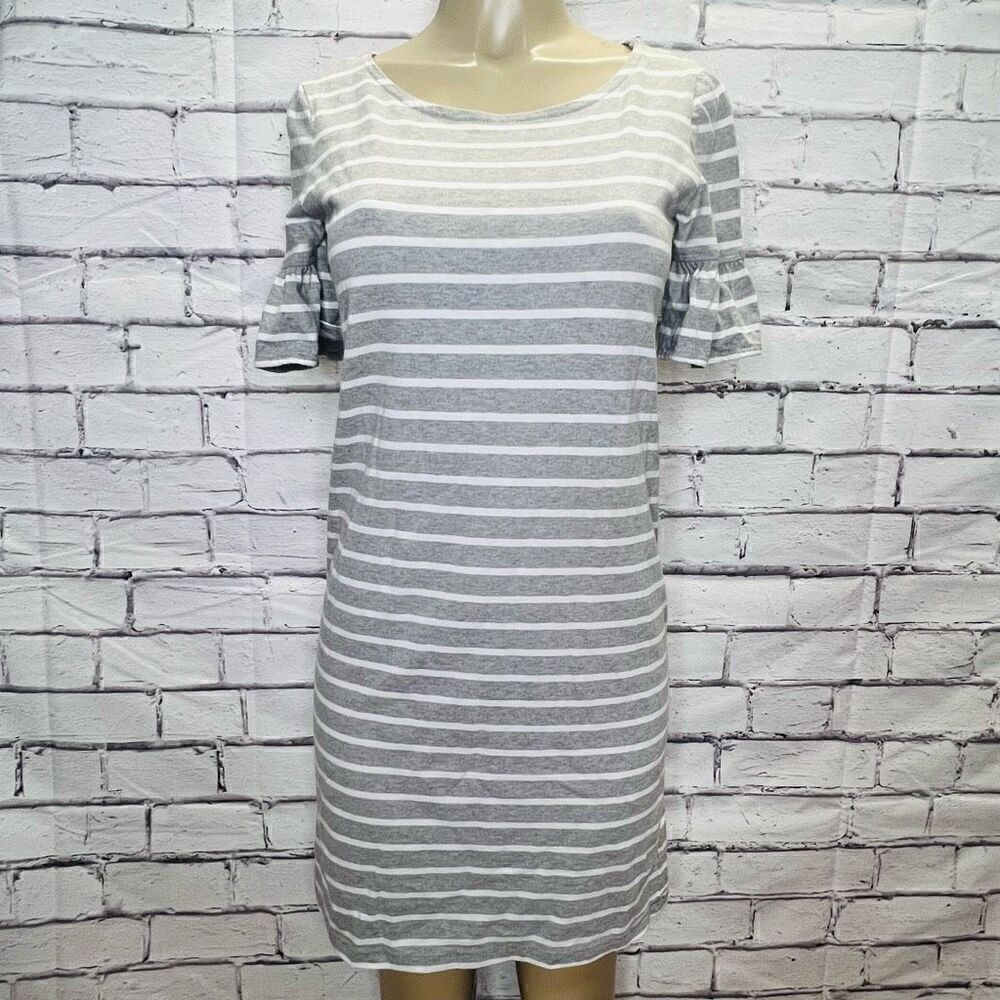 J. Crew White Gray Pullover Striped Bell Ruffled Short Sleeves Mini Dress XS